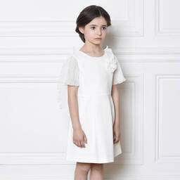 Charabia-فستان كريب و أورغانزا لون أبيض | Childrensalon Outlet