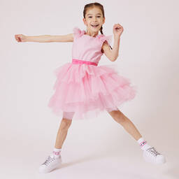 كيّارا فيراغني كيدز-فستان قطن فوال وتول بطبقات لون زهري للبنات | Childrensalon Outlet