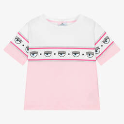 كيّارا فيراغني كيدز-تيشيرت قطن لون زهري وأبيض للبنات | Childrensalon Outlet