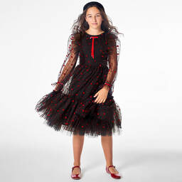 Childrensalon Occasions-Черное платье из тюля с красными сердечками | Childrensalon Outlet