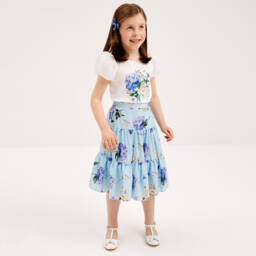 Childrensalon Occasions-Кремовая и лазурная футболка с цветочным узором для девочек | Childrensalon Outlet