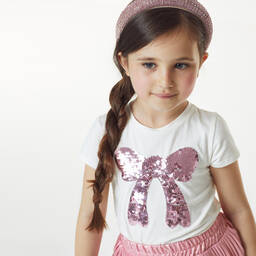 Childrensalon Occasions-Girls Ivory & Pink Sequin Bow T-Shirt | Childrensalon Outlet