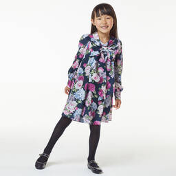 Childrensalon Occasions-Girls Navy Blue Floral Crêpe Bow Dress | Childrensalon Outlet