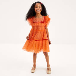 Childrensalon Occasions-Оранжевое платье в горошек из тюля | Childrensalon Outlet