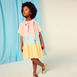 تشلدرن صالون-فستان كريب بطيات لون زهري وأزرق وأصفر | Childrensalon Outlet