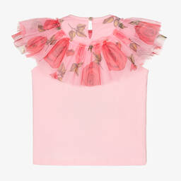 Childrensalon Occasions-Розовая хлопковая футболка с розами из тюля | Childrensalon Outlet
