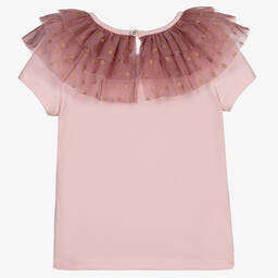 Childrensalon Occasions-Girls Pink Cotton & Tulle Collar T-Shirt | Childrensalon Outlet