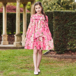 تشلدرن صالون-فستان بطبعة ورود كريب لون زهري | Childrensalon Outlet