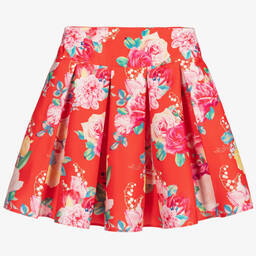 تشلدرن صالون-تنورة بكسرات ساتان لون أحمر مزينة بورود | Childrensalon Outlet