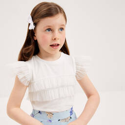 Childrensalon Occasions-Белая хлопковая футболка с рюшами из тюля | Childrensalon Outlet