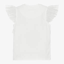Childrensalon Occasions-Белая хлопковая футболка с рюшами из тюля | Childrensalon Outlet