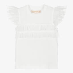 Childrensalon Occasions-Белая хлопковая футболка с рюшами из тюля | Childrensalon Outlet