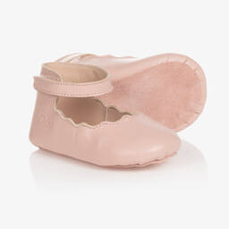 كلوي-حذاء سكالوب جلد لون زهري لمرحلة قبل المشي | Childrensalon Outlet