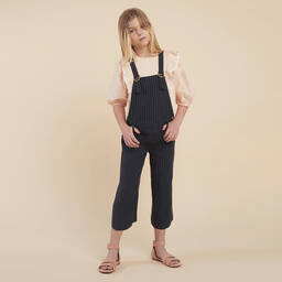 Chloé-Blue Striped Linen Dungarees | Childrensalon Outlet