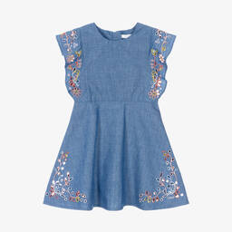 Chloé-Girls Blue Cotton Chambray Floral Dress | Childrensalon Outlet