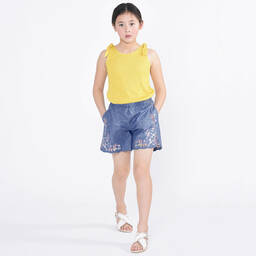 Chloé-شورت قطن شامبري مطرز لون أزرق للبنات | Childrensalon Outlet