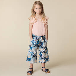 كلوي-بنطلون كولوت قطن بوبلين لون أزرق بطبعة ورود للبنات | Childrensalon Outlet