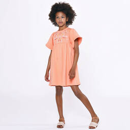 Chloé-Girls Coral Orange Cotton Floral Dress | Childrensalon Outlet