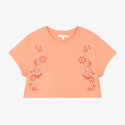 Chloé - Girls Coral Orange Cotton Floral T-Shirt