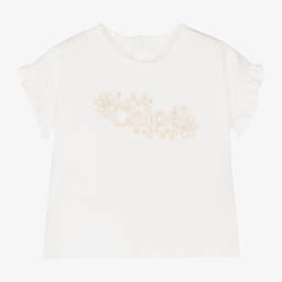 Chloé-Кремовая хлопковая футболка с вышивкой | Childrensalon Outlet