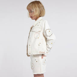 Chloé-شورت Eyelet قطن دنيم لون عاجي للبنات | Childrensalon Outlet