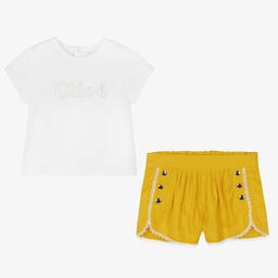Chloé-Кремовый топ и желтые шорты из льна | Childrensalon Outlet
