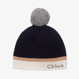 Chloé-Girls Navy Blue Cotton & Wool Knit Hat | Childrensalon Outlet