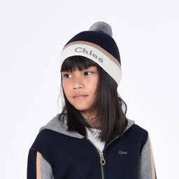 Chloé-Girls Navy Blue Cotton & Wool Knit Hat | Childrensalon Outlet