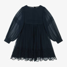 Chloé-Girls Navy Silk Embroidered Dress | Childrensalon Outlet