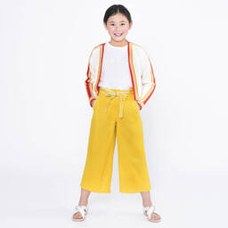 Chloé-بنطلون بأرجل واسعة كتان لون أصفر موتارد للبنات | Childrensalon Outlet