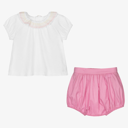 Chloé-طقم شورت قطن عضوي لون زهري وأبيض للمولودات | Childrensalon Outlet