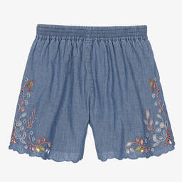 Chloé-Голубые шорты из шамбре с цветочным узором | Childrensalon Outlet