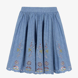 Chloé-تنورة قطن شامبري لون أزرق بطبعة ورود | Childrensalon Outlet