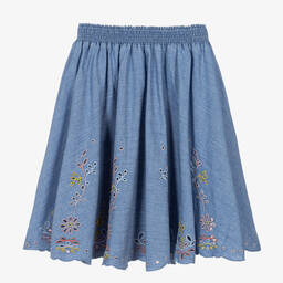 Chloé-تنورة قطن شامبري لون أزرق بطبعة ورود | Childrensalon Outlet