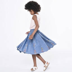 Chloé-تنورة قطن شامبري لون أزرق بطبعة ورود | Childrensalon Outlet