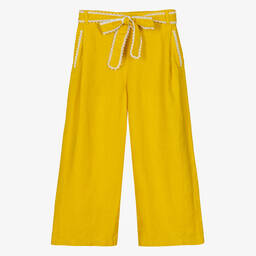 Chloé-بنطلون بأرجل واسعة تينز بناتي كتان لون أصفر موتارد | Childrensalon Outlet