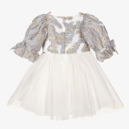 David Charles-Girls Blue Brocade Dress  | Childrensalon Outlet