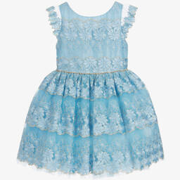 David Charles-Girls Blue Embroidered Dress | Childrensalon Outlet