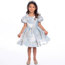 David Charles-Girls Blue & Gold Floral Brocade Dress | Childrensalon Outlet