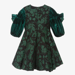 David Charles-فستان بروكاد مزيج قطن مخمل لون أخضر | Childrensalon Outlet