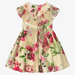 David Charles-فستان ساتان لون أخضر ليموني باهت بطبعة ورود | Childrensalon Outlet