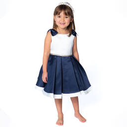 David Charles-Girls Navy Blue & White Satin Dress | Childrensalon Outlet