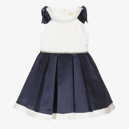 David Charles-Girls Navy Blue & White Satin Dress | Childrensalon Outlet