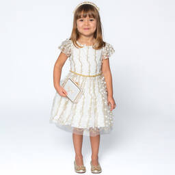 David Charles-Girls White & Gold Tulle Dress | Childrensalon Outlet