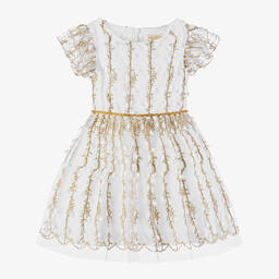David Charles-Girls White & Gold Tulle Dress | Childrensalon Outlet