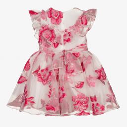 David Charles-Pink & White Organza Dress  | Childrensalon Outlet