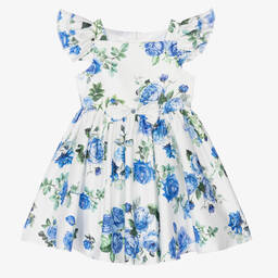 David Charles-White & Blue Floral Satin Dress | Childrensalon Outlet