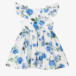 David Charles-White & Blue Floral Satin Dress | Childrensalon Outlet