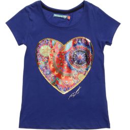 Desigual-ت-شيرت بلون أزرق براق مع قلب مطبوع للبنات | Childrensalon Outlet