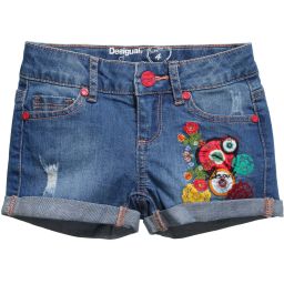 Desigual-Light Blue Denim Shorts with Floral Embroidery | Childrensalon Outlet